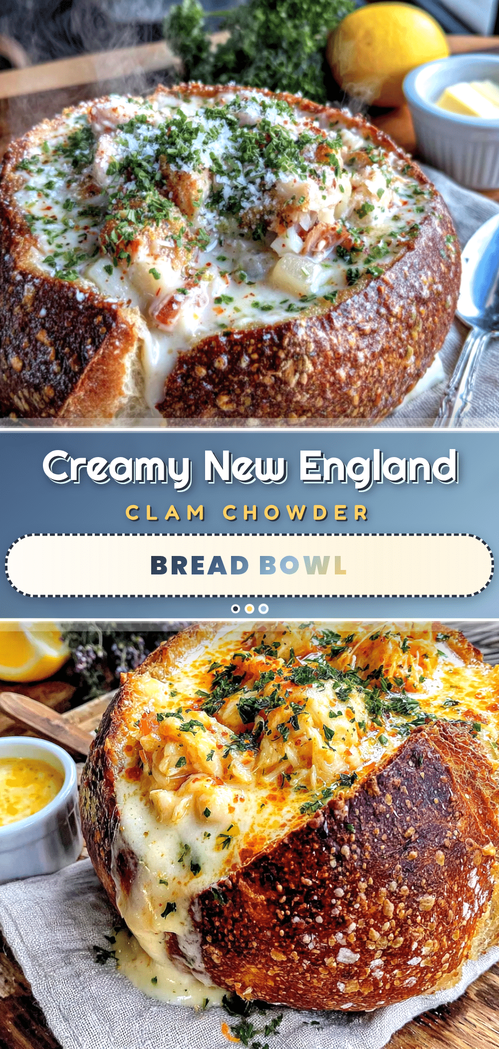 creamy New England clam chowder in a bread bowl recipe