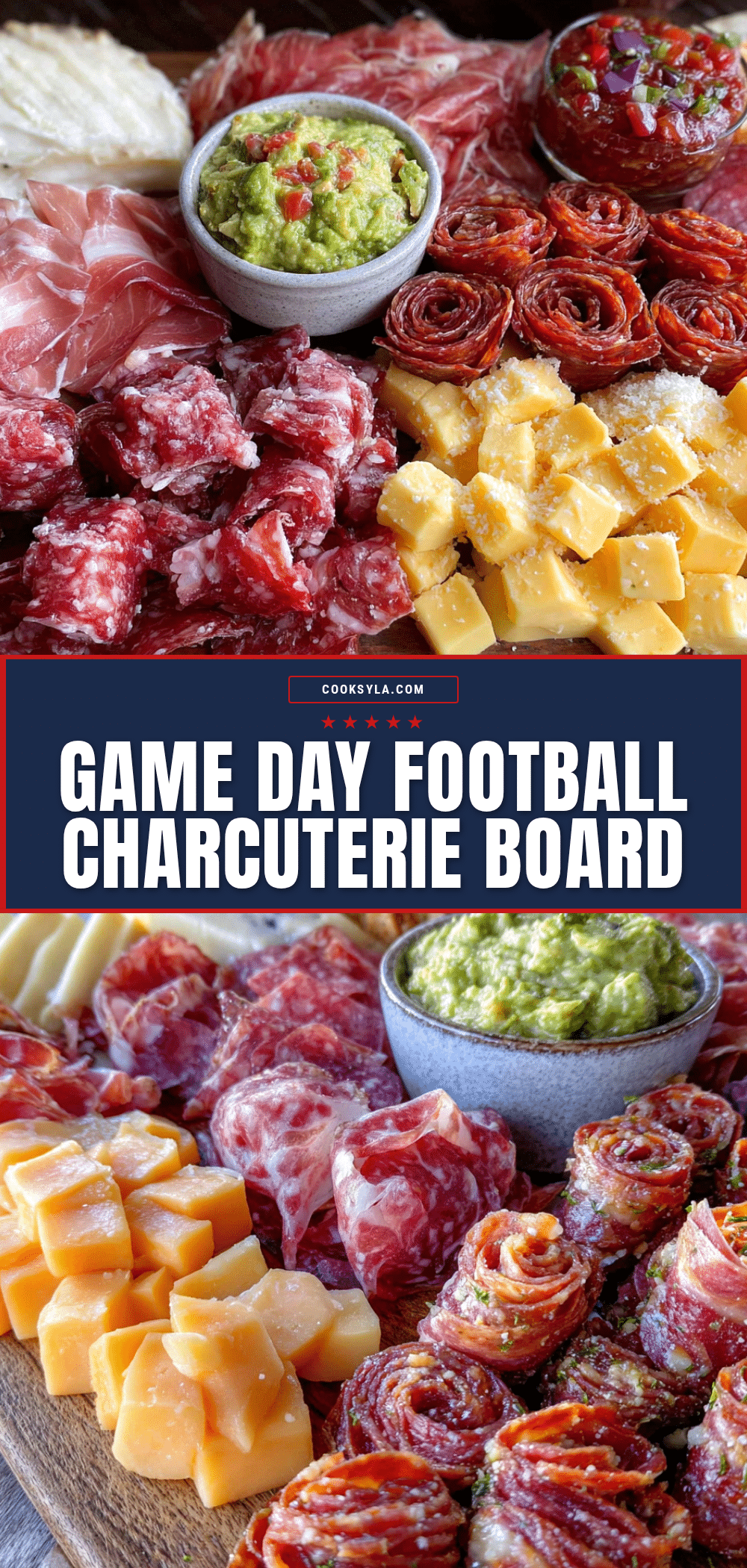 football charcuterie board with game day dips recipe